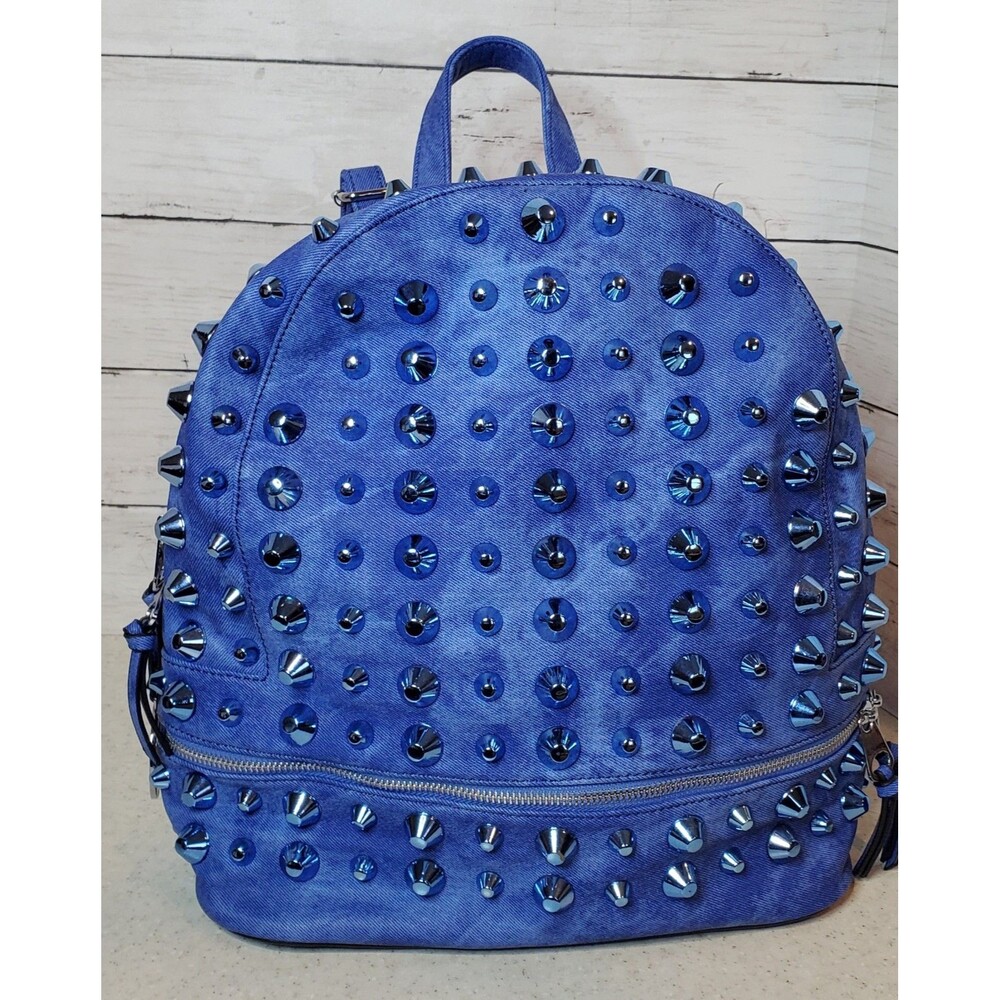 Traci Lynn Studded Backpack Purse Blue Faux Leather Spike Studs Denim Look NWOT